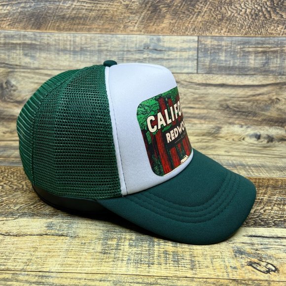 California Redwoods Mens Trucker Hat Green Snapback Retro Logo 70s Baseball Cap - Picture 3 of 7